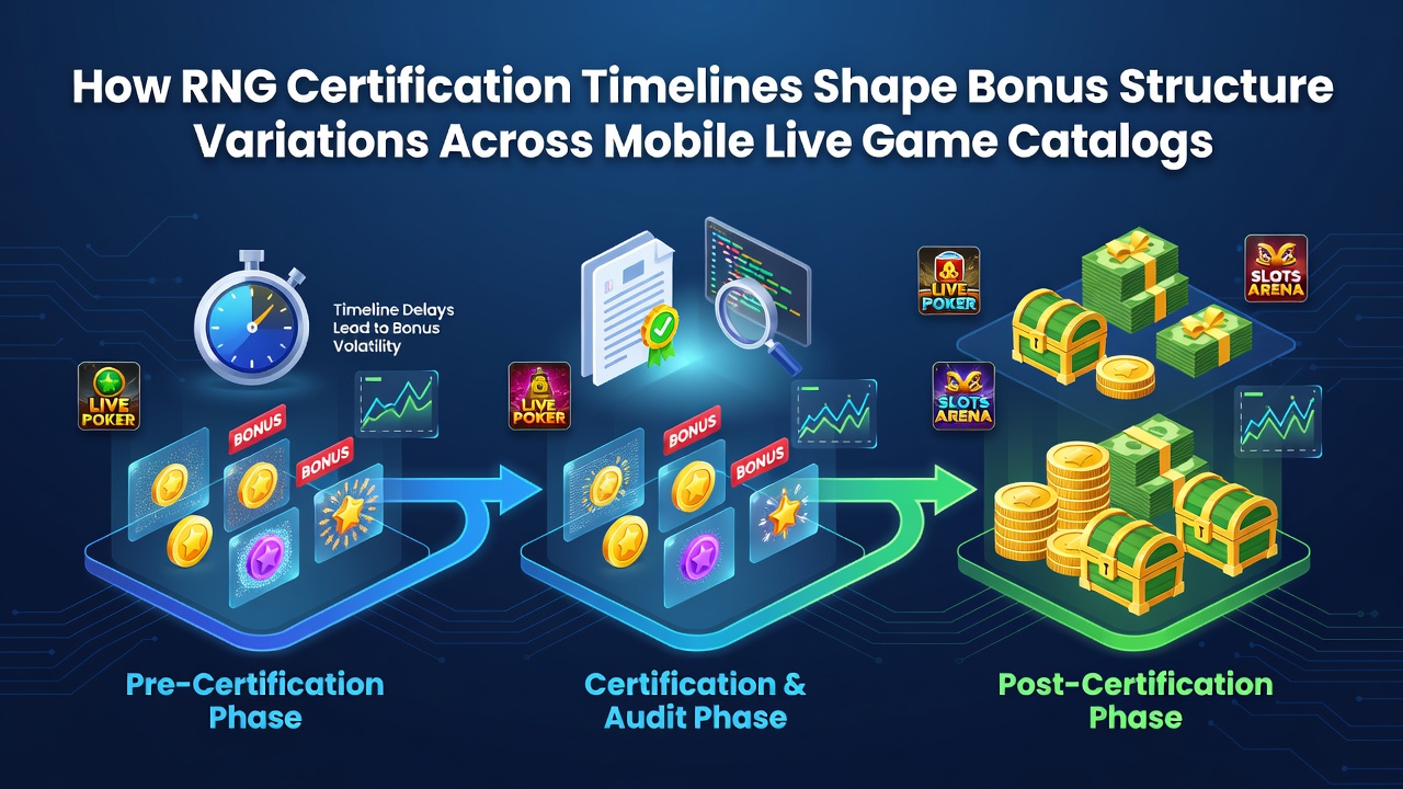 Mobile live game interfaces displaying varied bonus structures influenced by RNG certification timelines