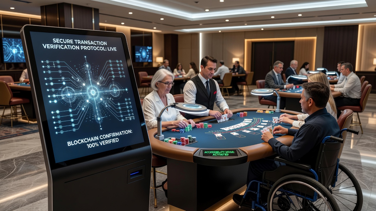 Mobile live dealer table with accessibility menu open, displaying options for transaction history alongside voice command toggles and high-contrast mode settings